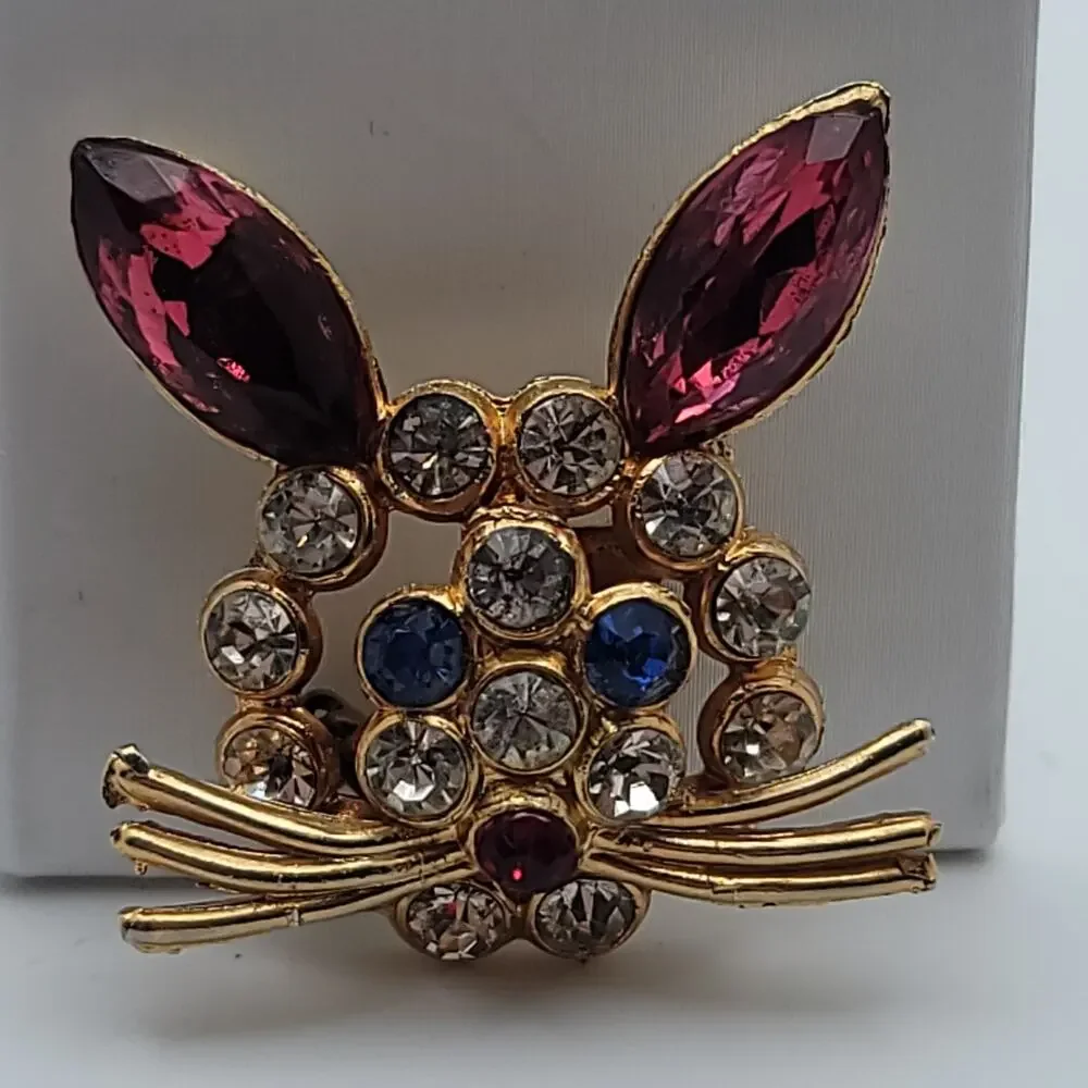 Vintage Gold-tone Multi-colored Rhinestone Bunny Brooch